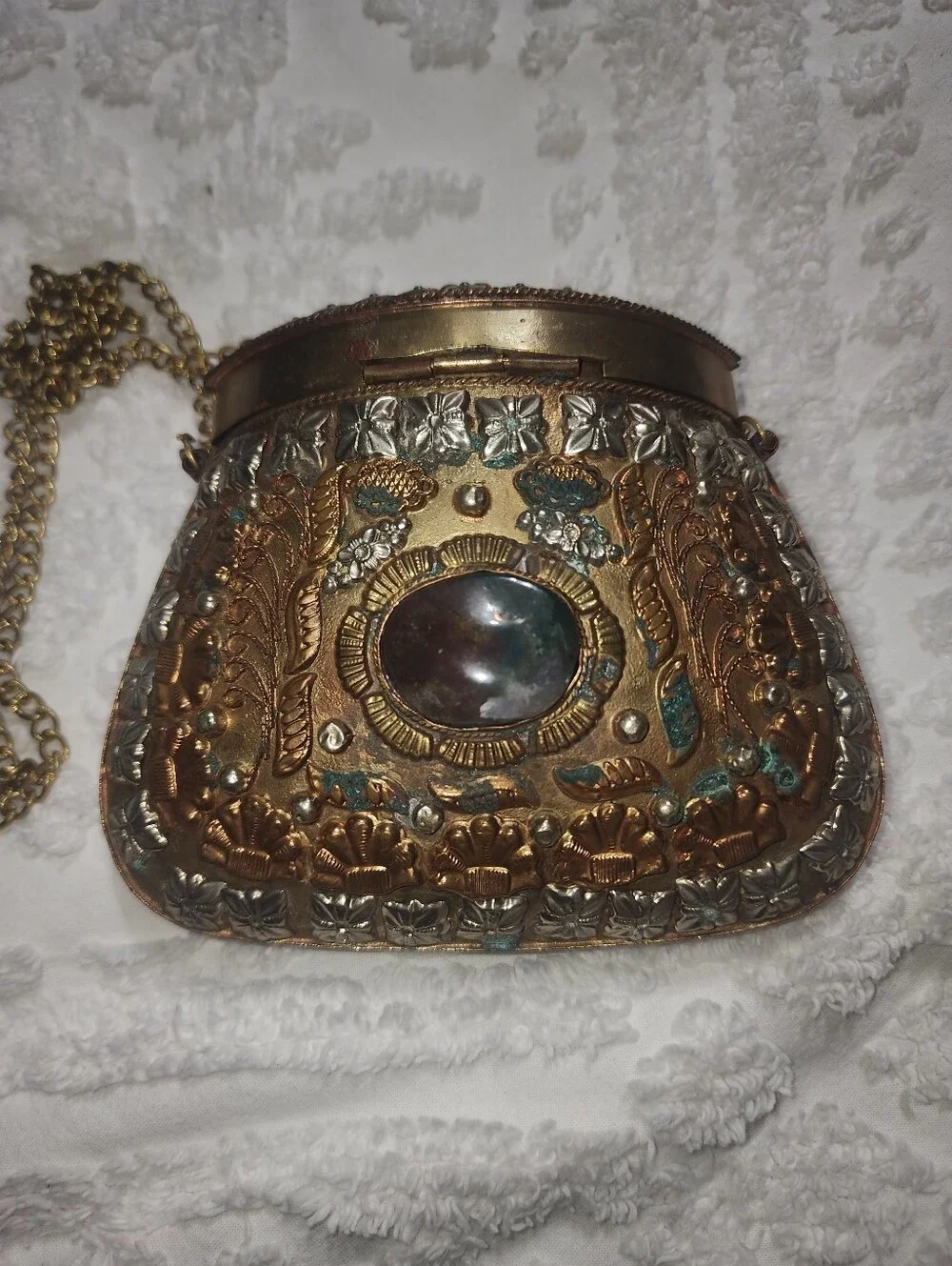 Vintage Sajai Indian Ethnic Sling Bag Clutches, Brass/Copper w/ Metal Chain